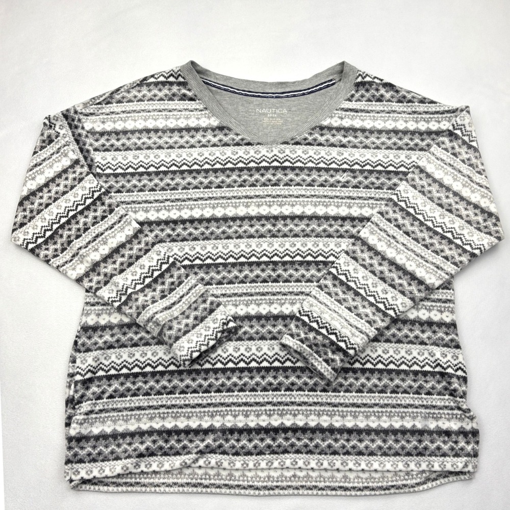 Nautica Womens Small Fair Isle Plush Fleece V-Neck Lounge Pajama Top Grey S
